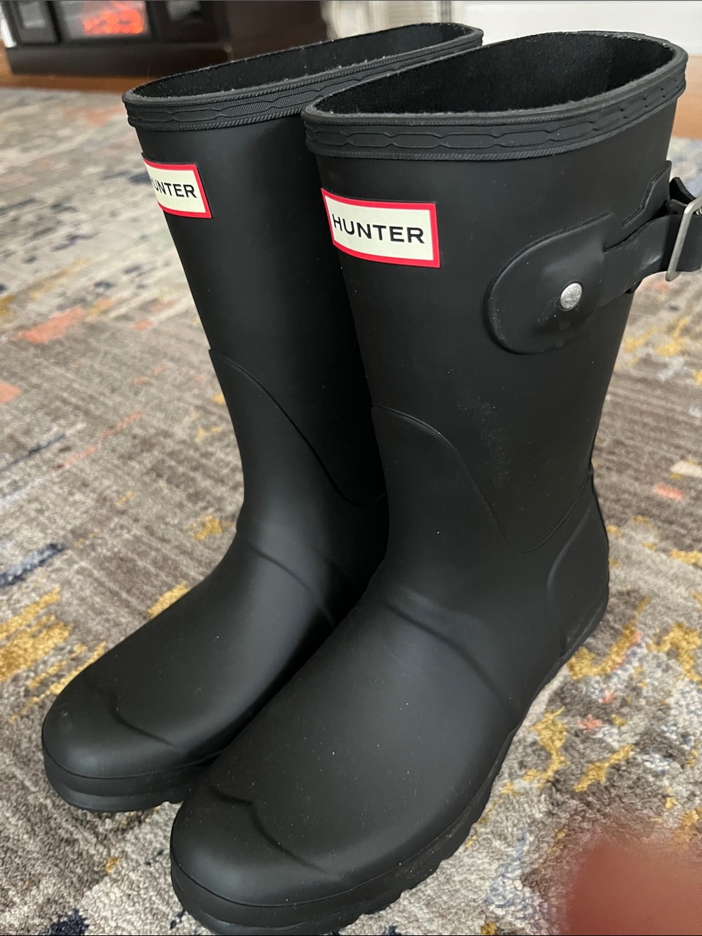 Hunter Matte Black Mid-Calf Rain Boots with Side Buckle Detail